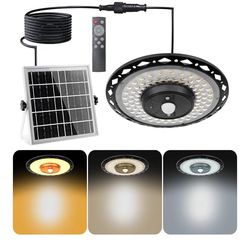 Solar Pendant UFO Light 3000LM, Gazebo Indoor Outdoor Motion Sensor Dimmable Brightness Remote Control Waterproof for Patio Porch Garage Lights