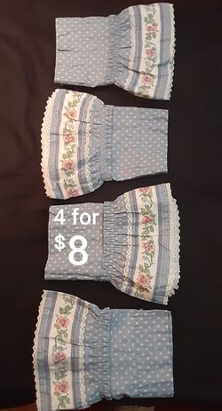 Set of 4 Wedgewood blue floral Valance Curtains, 58"w x 11"L each, excellent cond.