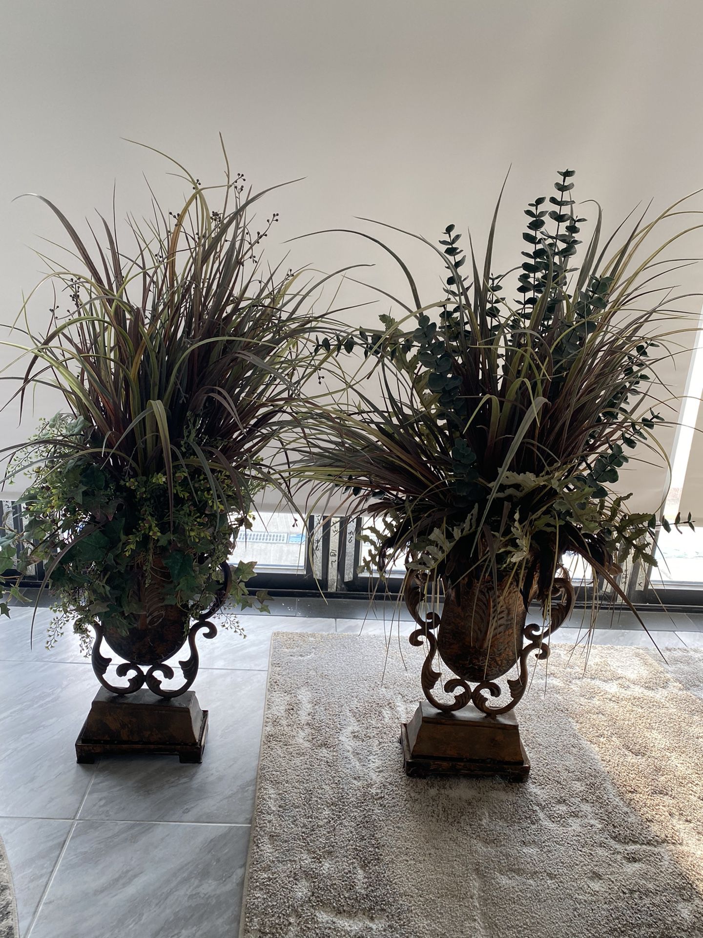 Set Of Elegant Fake Plant With Metal Pots.
