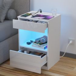 HOMMPA Open Shelf LED Nightstand with Charging Station 2 Drawers Bedside Table White NEW
