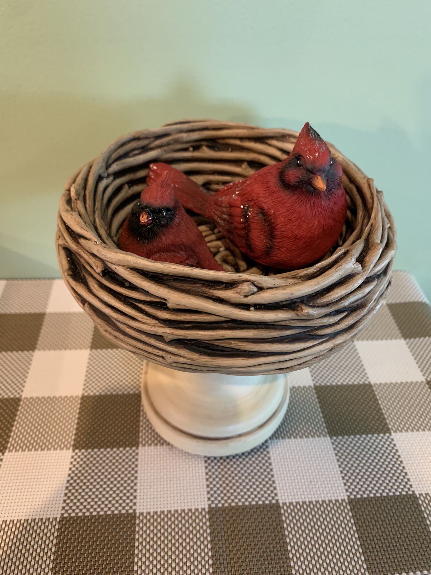 Large Ceramic Nest Holding Two Cardinal Birds That Are Removable