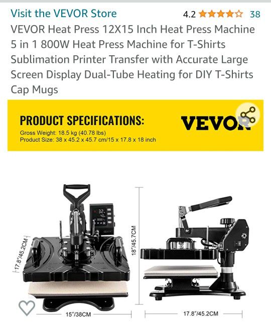 Heat Press 12X15 Inch Heat Press Machine 5 in 1 800W Heat Press