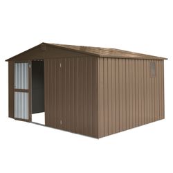 Brown Garden Tool Storage 11'x 9': Metal Shed, Galvanized Frame, for Patio & Backyard