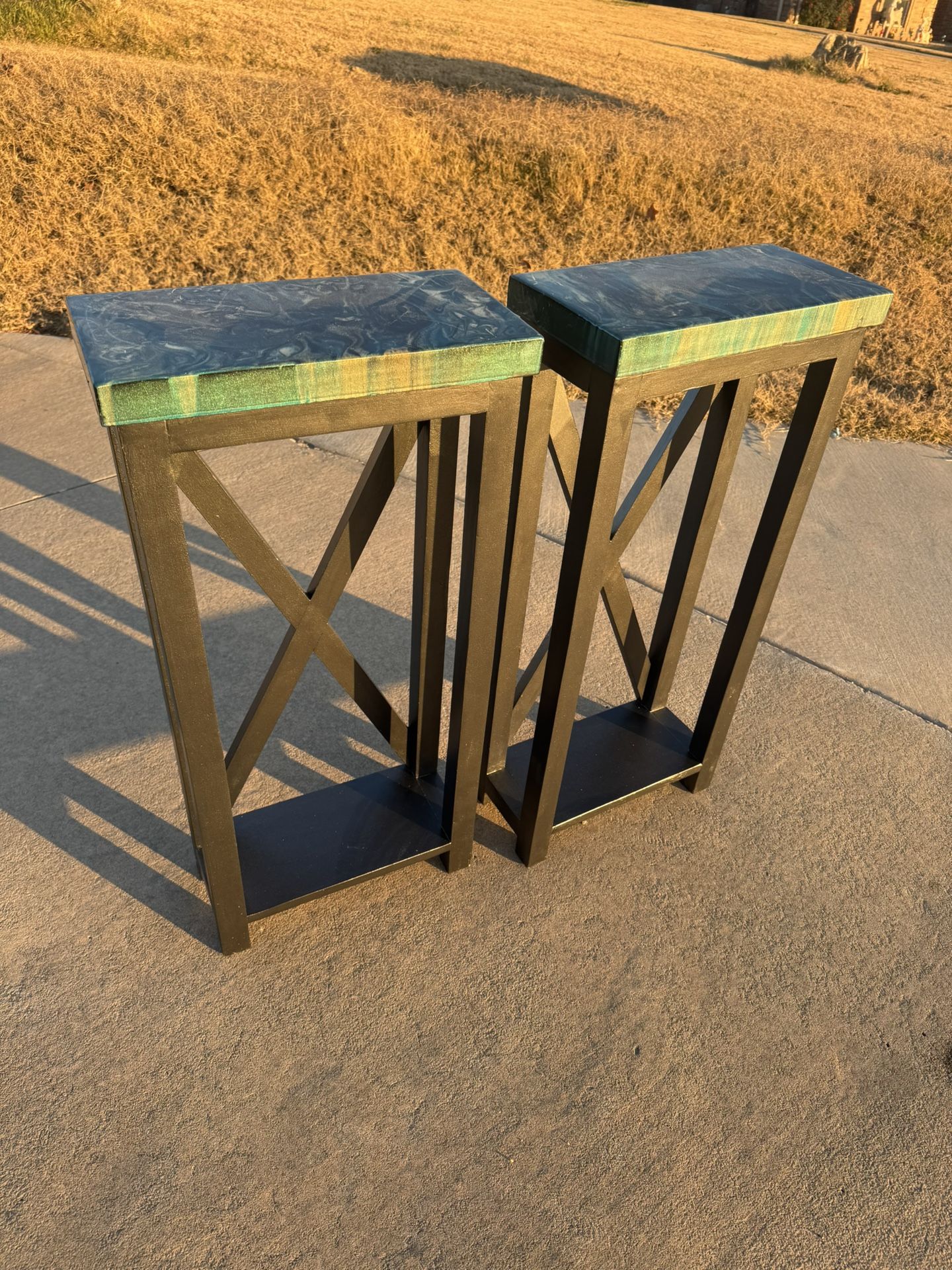 33.5”H x 16”L x 8”W Two matching epoxy top blue multicolor end side tables nightstands