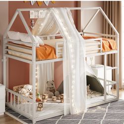White Metal Bunk Bed With Mattress 
