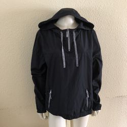 Y2K Black Streetwear Pullover Windbreaker | Hooded Lightweight Size L