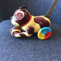 BLIC -Tin "Push and Go" Dog Pull Down Tail Wind Up Metal Toy Puppy VTG w/Box