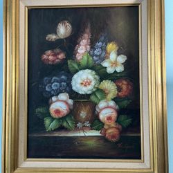 Framed Signed Floral Canvas Painting ~17” x 21”