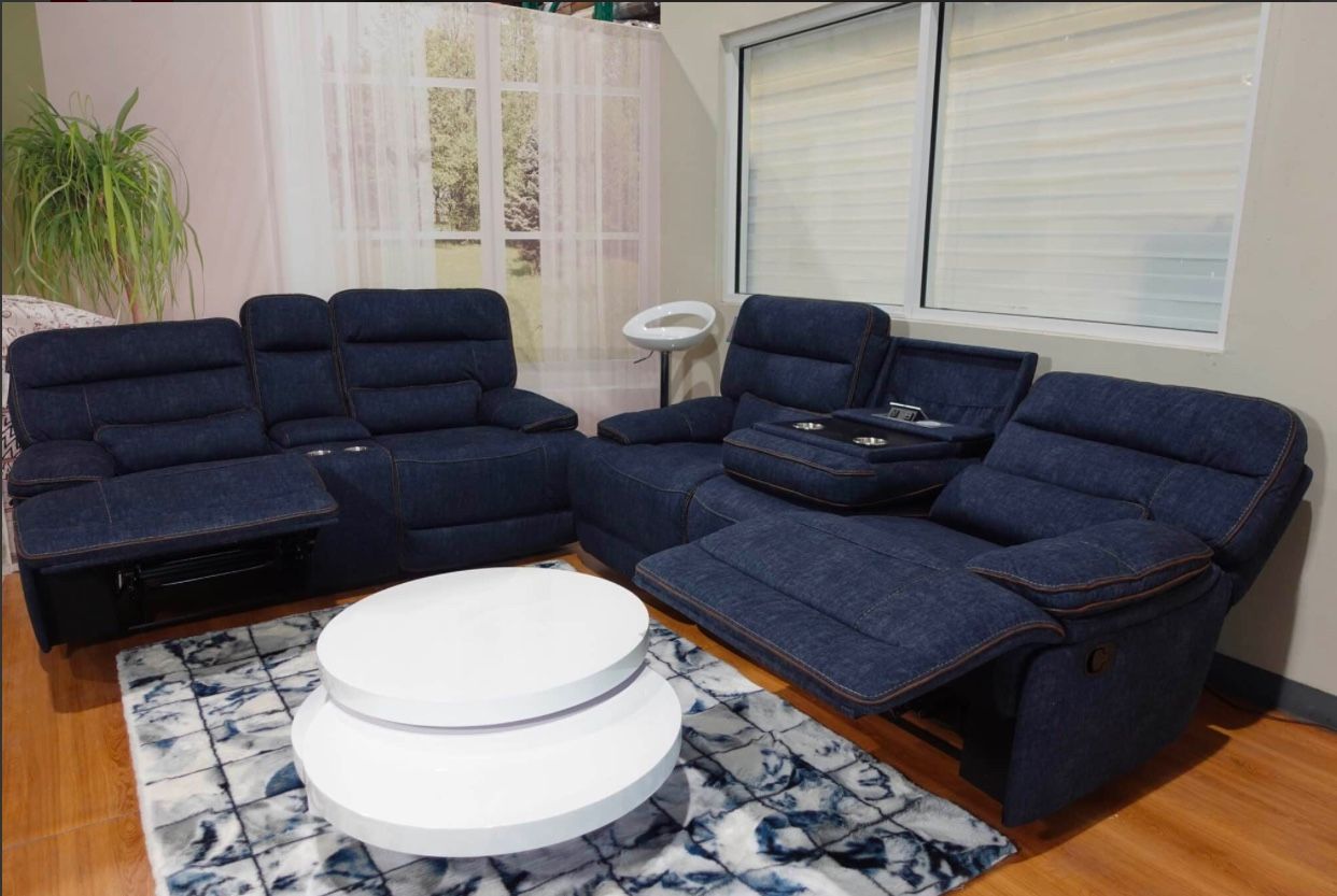 2PC Phoenix Reclining Living Room Set (Blue fabric or White Leather)