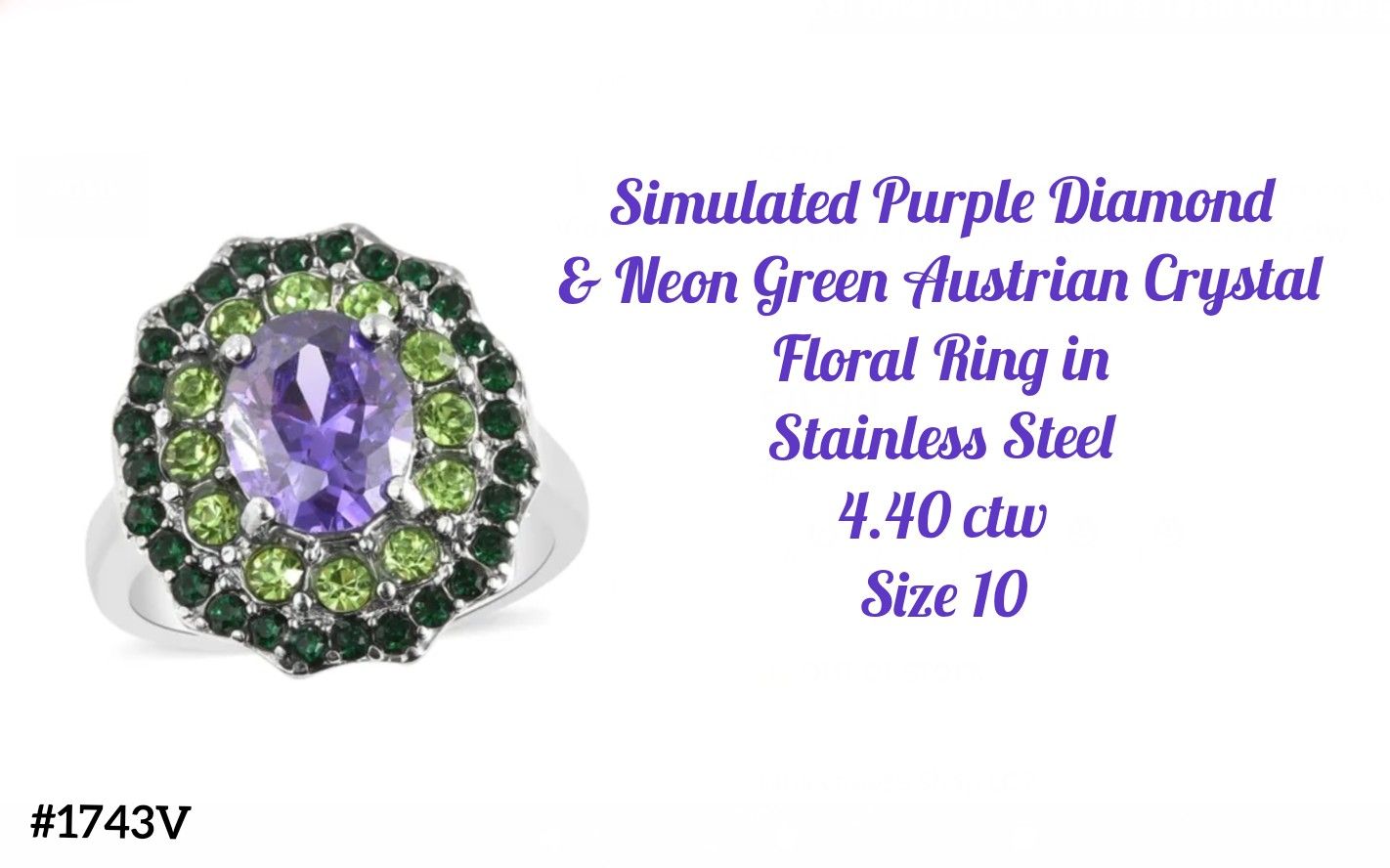 Simulated Purple Diamond & Green Crystal Ring, Stainless Steel, Szs. 7 & 10
