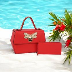 Large Red Solid Color Handbag and Wallet Set