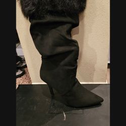 Rag & Co: Faux Fur Black Boots With Heel 