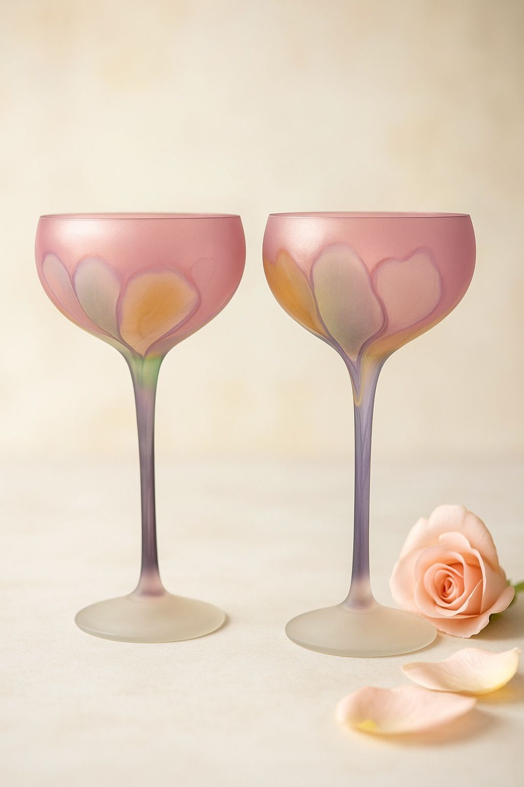 Rueven Glass 1990s Set Of 2 Nouveau Frosted Satin Pink Watercolor Coupes, 8”