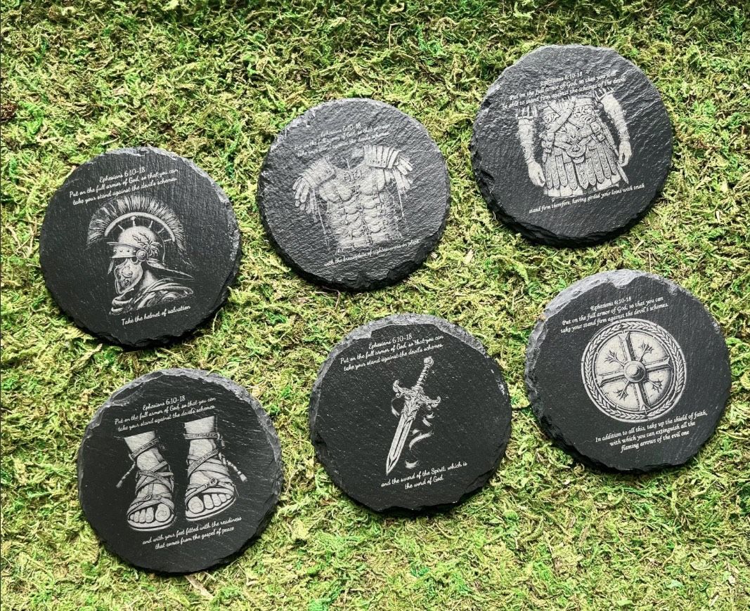 Engraved Armor of God Slate Coasters | Christian Home Decor | Set of 6