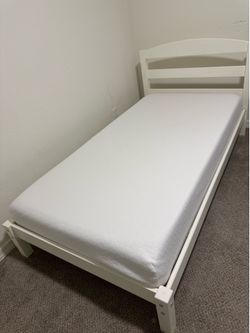 White Wood Twin Bed Frame with Headboard + Slats + Mattress with washable cover – No Box Spring Needed