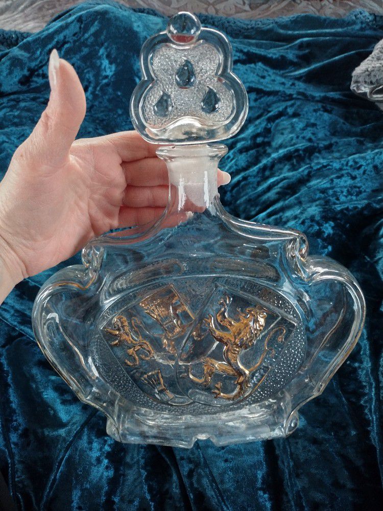 Beautiful Rare Vintage Gilt Glass Coat Of Arms Decanter Bottle, From France $100 Obo