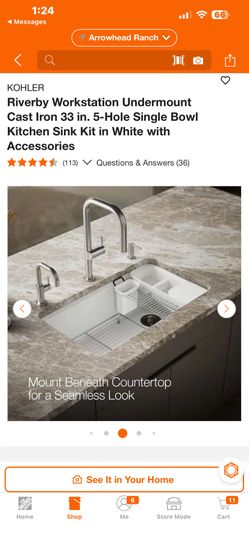 KOHLER Riverby Workstation Undermount Cast Iron 33 in. 5-Hole Single Bowl Kitchen Sink Kit in White with Accessories