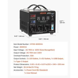 Voltage Auto Converter Transformer, 6000VA, Heavy Duty Step Up/Down Power Transformer, 110V to 220V and 220V to 110V, with 3 US Outlets, 3 EU Outlets,