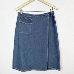 Ellen Tracy Blue Denim Jean Pencil Skirt Metal  Ellen Tracy Vintage Womens 90s Y2K Denim Wrap Jean Skirt Blue denim midi skirt with a flattering wrap 