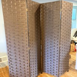 NEW dark brown 4 panel room divider. Made of wood. Fold for storage Open measures 70” x 70”