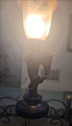 Bronze Figural Table Lamp with Art Glass Shade