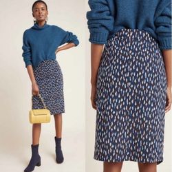 NWT Maeve Anthropologie Maeve Debra Faux Wrap Knit Pencil Skirt Navy Orange Sz 8