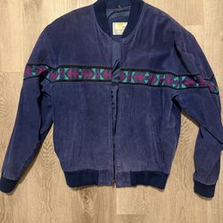 Vintage Mesa Ridge Navy Aztec Detail Leather Jacket Size Large Southwestern