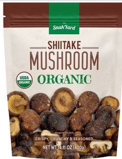 Organic shiitake mushroom snacks are crispy, crunchy, and seasoned. This 14.11 oz (400g) bag contains mushrooms cooked at a low temperature with no ar