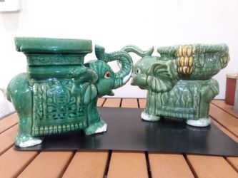 Vintage Green Ceramic Elephant Garden Stool Set of 2