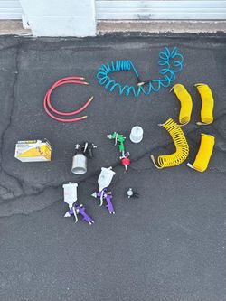 Automotive Air Paint Gun Lot — 5 Spray Guns, 7 Hoses + DA Sander