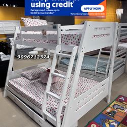 Twin/Full White Bunk bed w. Drawers & Ortho Mattresses Included 
