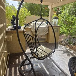 Pier One Walnut Color Wicker Swingasan With Metal Stand, Outdoor Cushion & Outdoor Protective Cover
