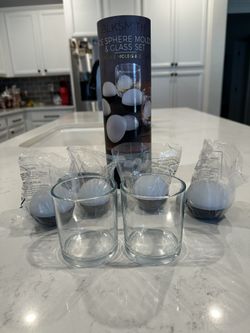 Brand New 6pc Glasses (2) W/(4) Silicone Sphere Ice Molds For Cocktails Or Any Drinks