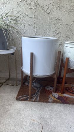 White large pot with light brown plant stand