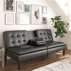 Black Faux Leather Futon Sofa with Cup Holders