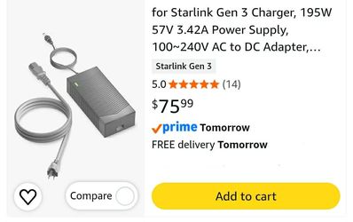 0241: New for Starlink Gen 3 Charger, 195W 57V 3.42A Power Supply, 100~240V AC to DC Adapter, Replacement for Starlink Gen3 Accessories​ (Grey Starlin