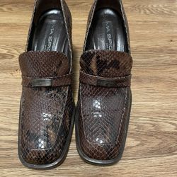 Via Spiga Italian Snakeskin Block Heel Loafers