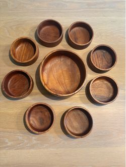 Teak Salad Bowl Set – Large Serving Bowl + 8 Individual Bowls – MCM Danish Style