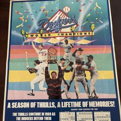 Rare Vintage 1989 Los Angeles Dodgers "World Champions" Schedule Poster Description: Relive the magic of the 1988 World Series victory with 