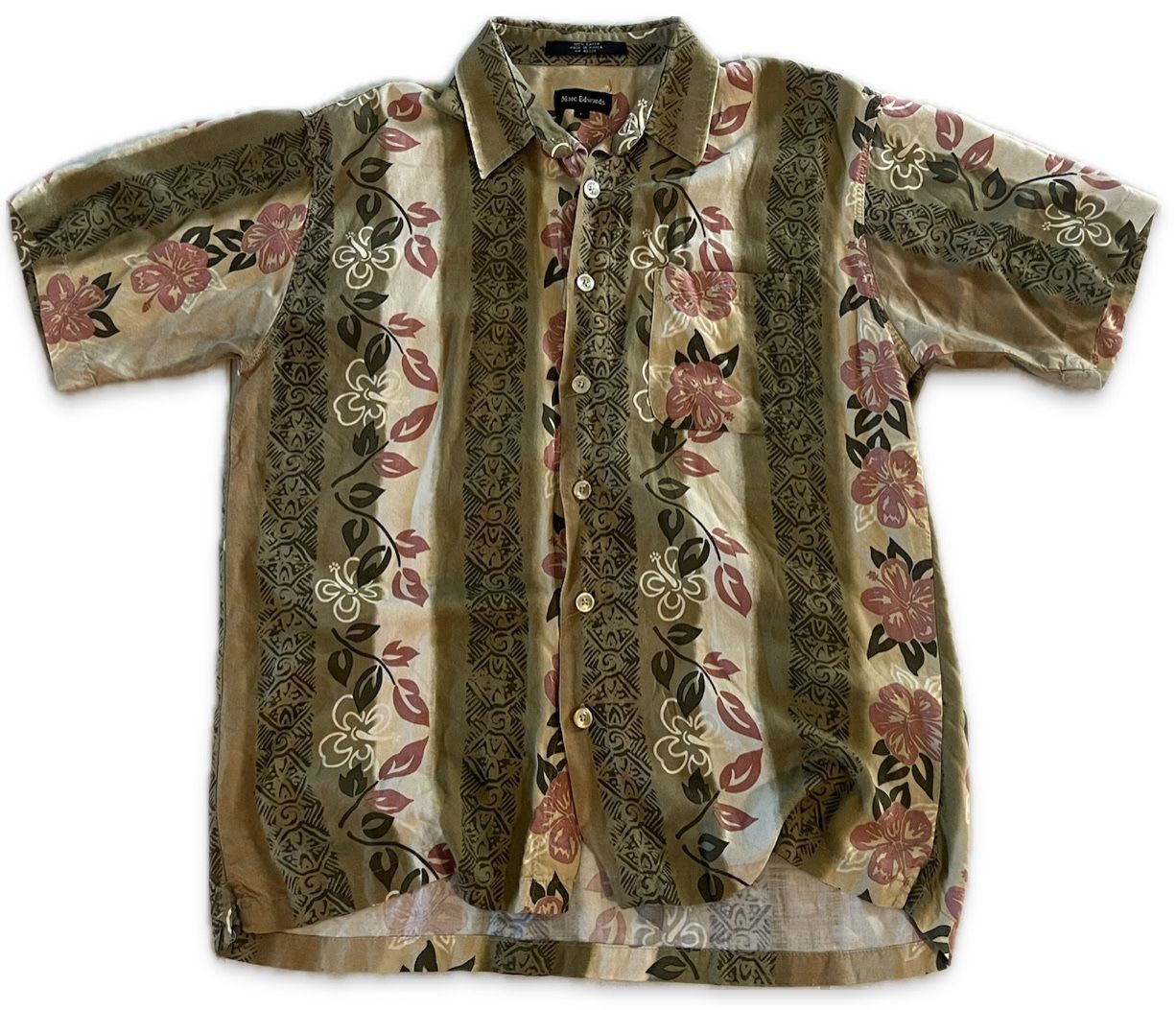 Marc Edwards Mens Hawiian Shirt Green Floral L Rayon Short Sleeve Collar