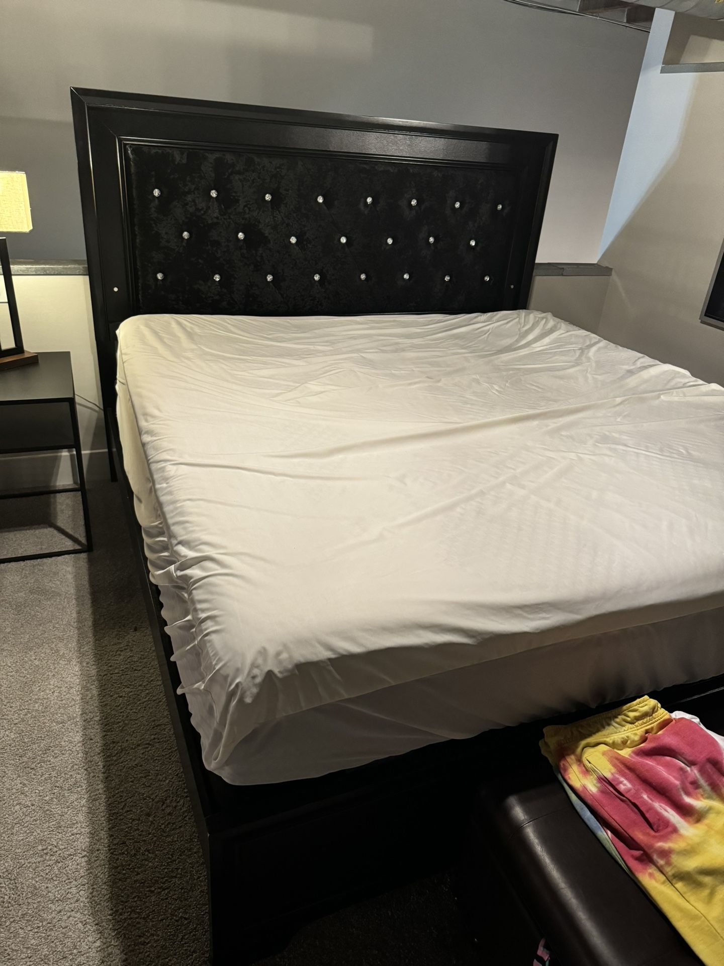 For Sale: King Size Black Velvet LED Lighted Headboard Bed Frame with Box Springs
