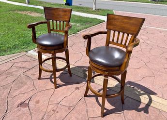 Pair of Solid Wood Swivel Bar Stools – Leather Seats, Scrolled Arms, Slat Back