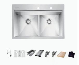 Glacier Bay Zero Radius 33 in. Drop-In 50/50 Double Bowl 18 Gauge Stainless Steel Workstation Kitchen Sink with Spring Neck Faucet
