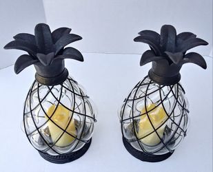 Glass and Metal Pineapple Flameless Candle Holder Battery Operated with Timer