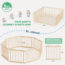 Foldable Wooden Playpen - Adjustable Wood Baby Play Yard with Child-Proof Lock