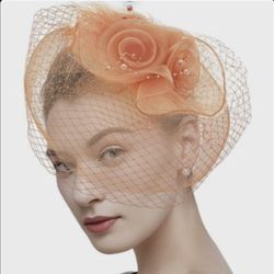 Peachy Orange Fascinators Hat with Clip and Headband for Women, Derby Church Tea Party Cocktail Hair Accessory, Mesh Flower Veil Beads Feathers *NEW*