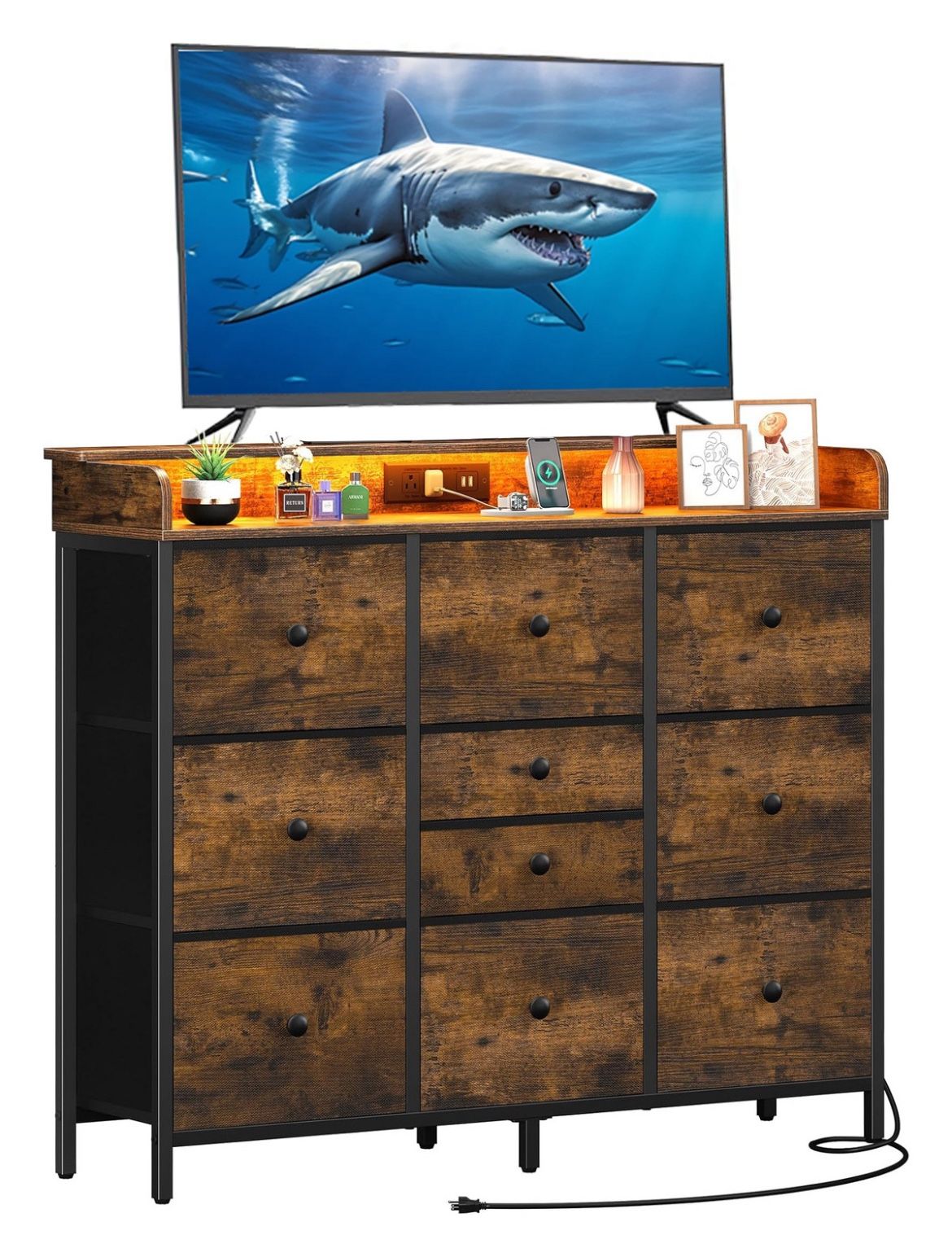 Dresser for Bedroom with Charging Station and LED Lights, Tall TV Stand with 10 Storage Drawers, Fabric Wood Dressers & Chests of Drawers for Kids Bed