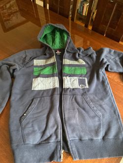 Quicksilver hooded sweatshirt size medium blue with green gray and white trim and pockets