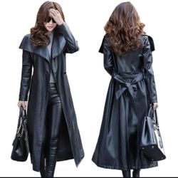 Womens Black Leather Long Trench Coat, Elegant Winter Overcoat in Classic Style