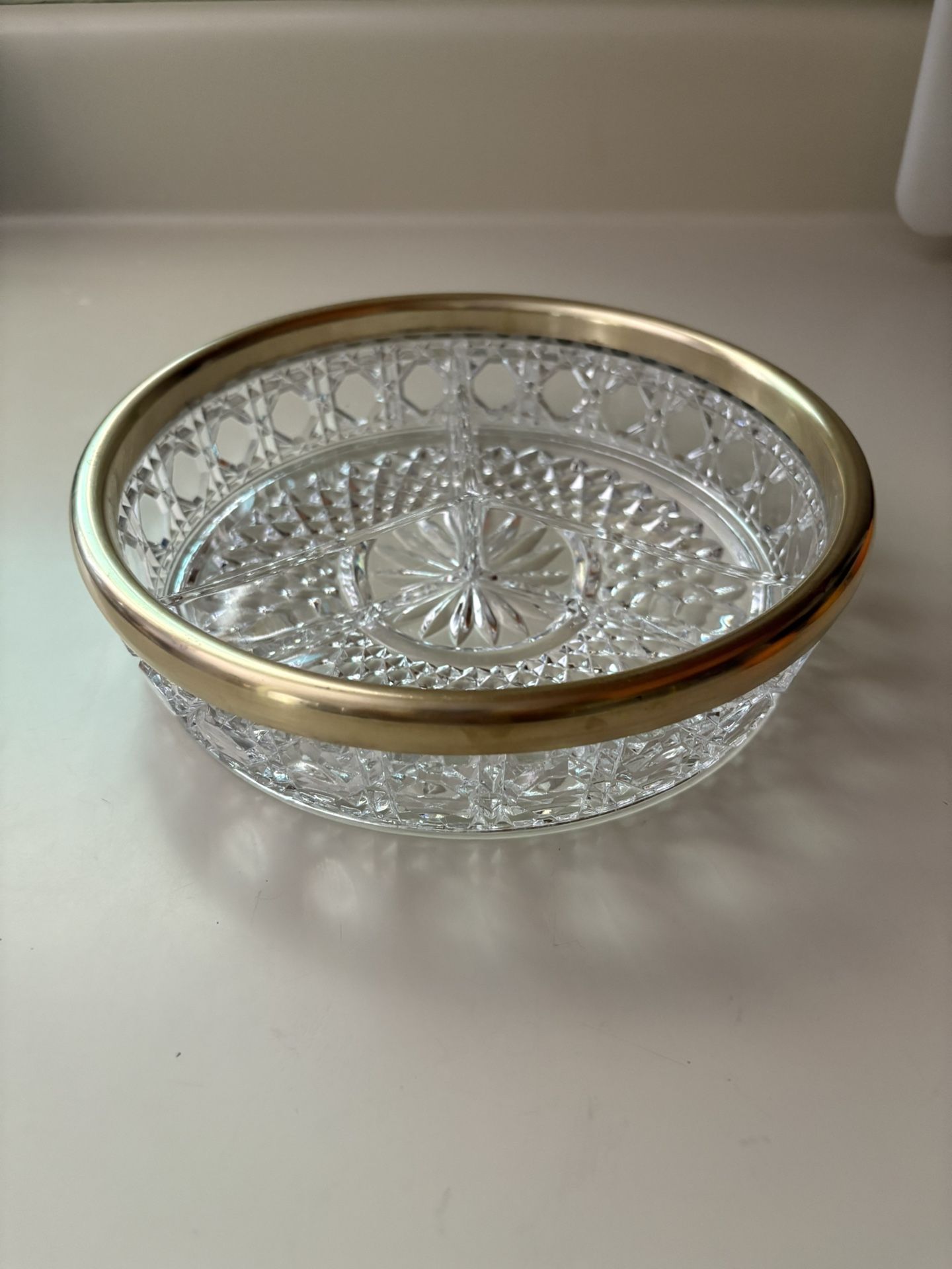 Divided Crystal Glass Dish Plate Bowl & Silver Rim, Vintage England Compartment Relish Serving Snack Tray, Round Glass Fruit Platter